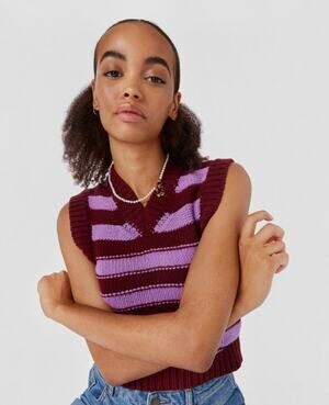ALEXACHUNG | Retro Striped Wool Vest In Purple Pink Sweater Knit V-Neck S